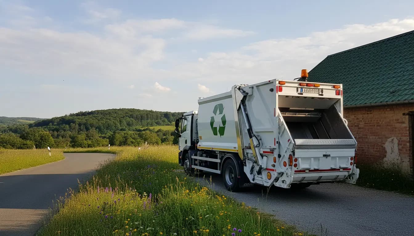 Recycling collection truck on a rural road near a house, representing waste hauler service.