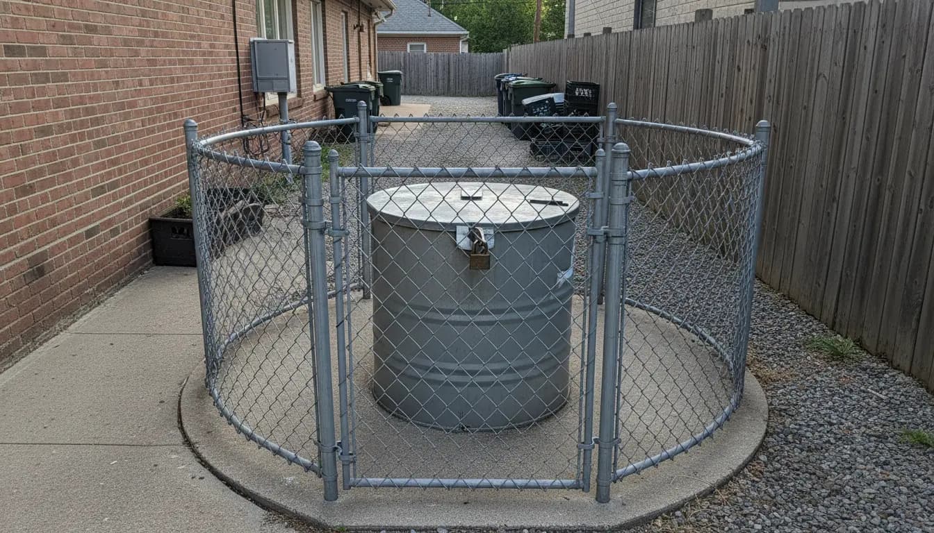 Locked used cooking oil tank in fenced corral behind a restaurant