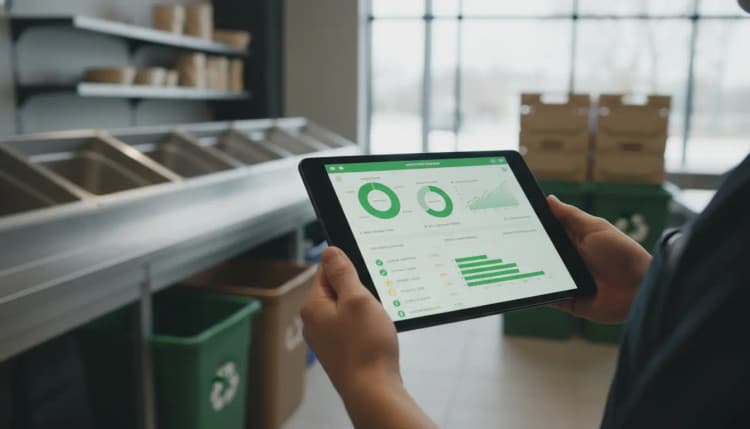 Tablet displays a waste tracking dashboard beside color-coded recycling bins in a kitchen.