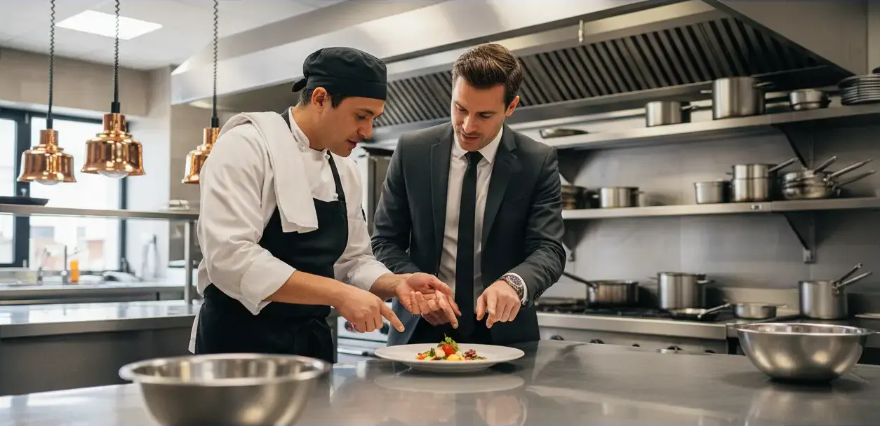Chef and manager review a plated dish in a commercial kitchen, illustrating quality control.