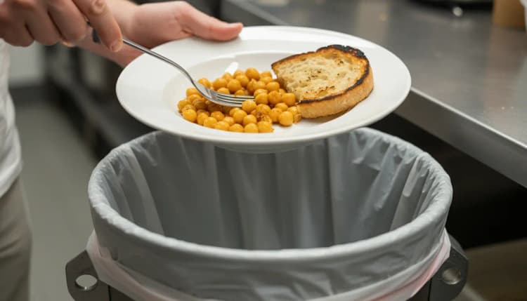 Diner scrapes leftovers from a plate into a bin in a restaurant kitchen to reduce food waste.