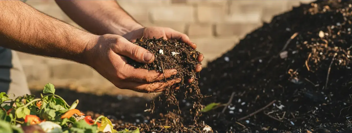 Hands hold finished compost over a pile, showing food waste recycling into soil.