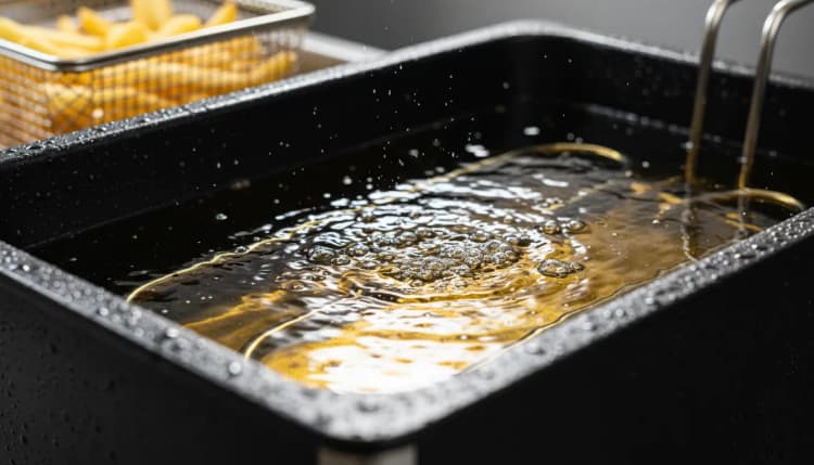Close-up of hot fryer oil bubbling in a deep fryer during cooking.