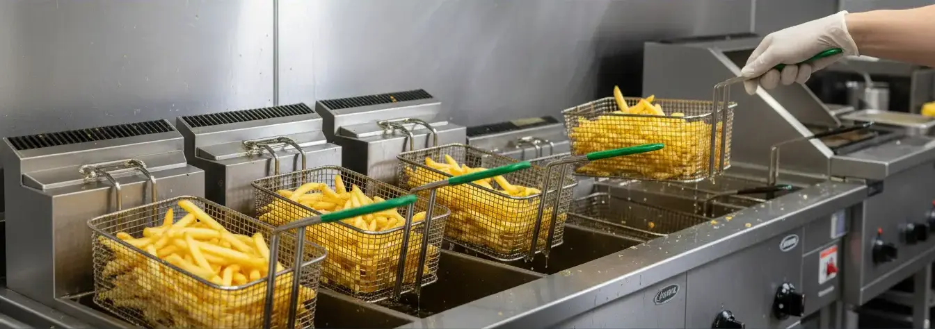 Baskets of French fries are lifted from commercial deep fryers in a restaurant kitchen.