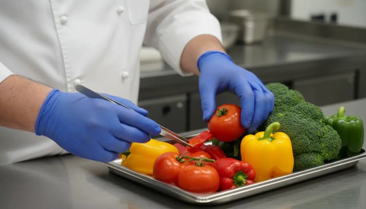Chef wearing gloves arranges fresh peppers and broccoli on a prep tray in a clean kitchen.