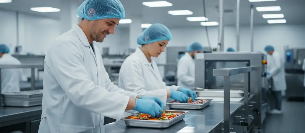 Food workers in hairnets prepare trays on a production line in a sanitized kitchen.